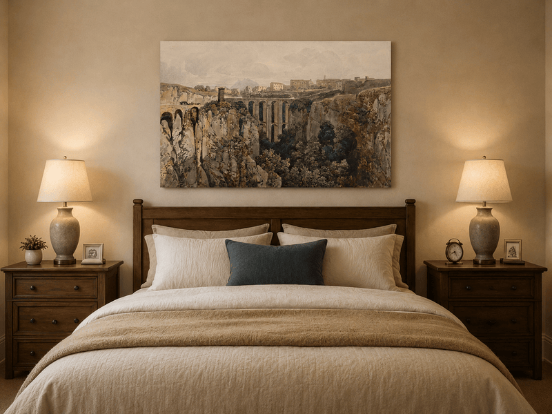 Landscape Oil Painting - Ravine Bridge and Hilltop Village View