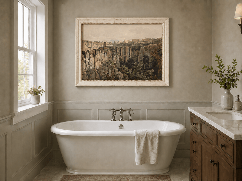 Landscape Oil Painting - Ravine Bridge and Hilltop Village View