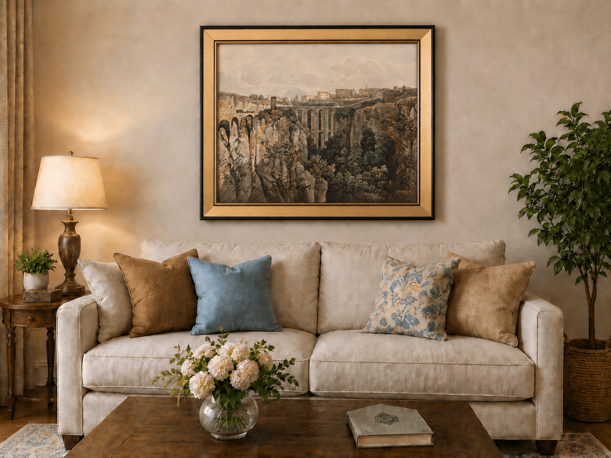 Landscape Oil Painting - Ravine Bridge and Hilltop Village View