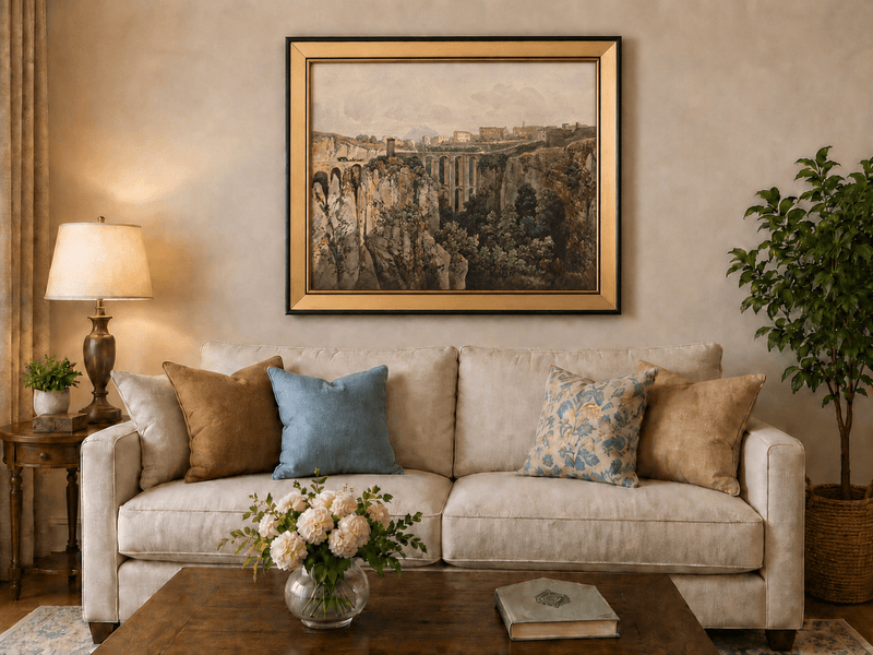 Landscape Oil Painting - Ravine Bridge and Hilltop Village View