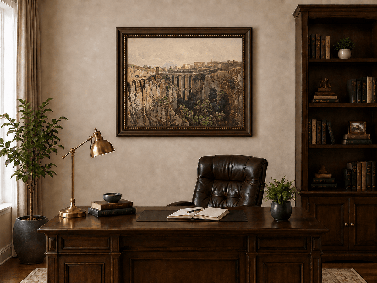 Landscape Oil Painting - Ravine Bridge and Hilltop Village View