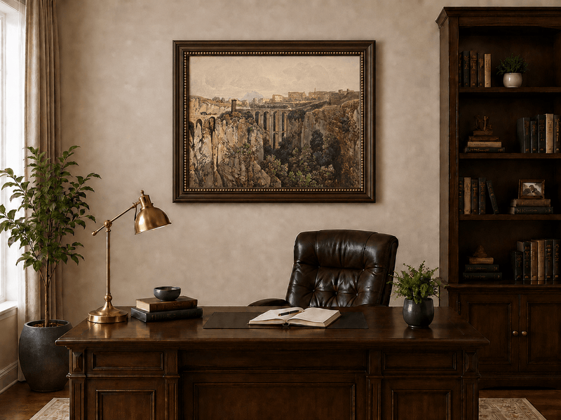 Landscape Oil Painting - Ravine Bridge and Hilltop Village View