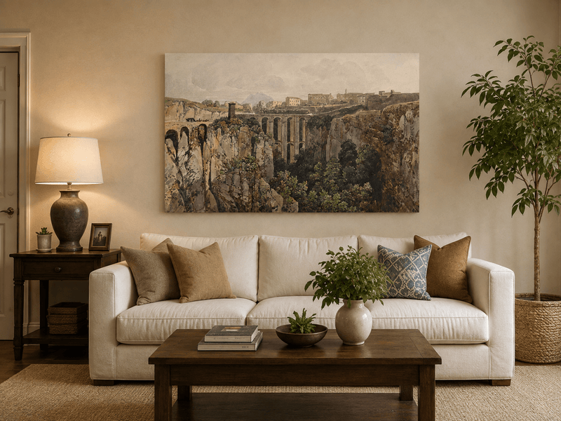 Landscape Oil Painting - Ravine Bridge and Hilltop Village View