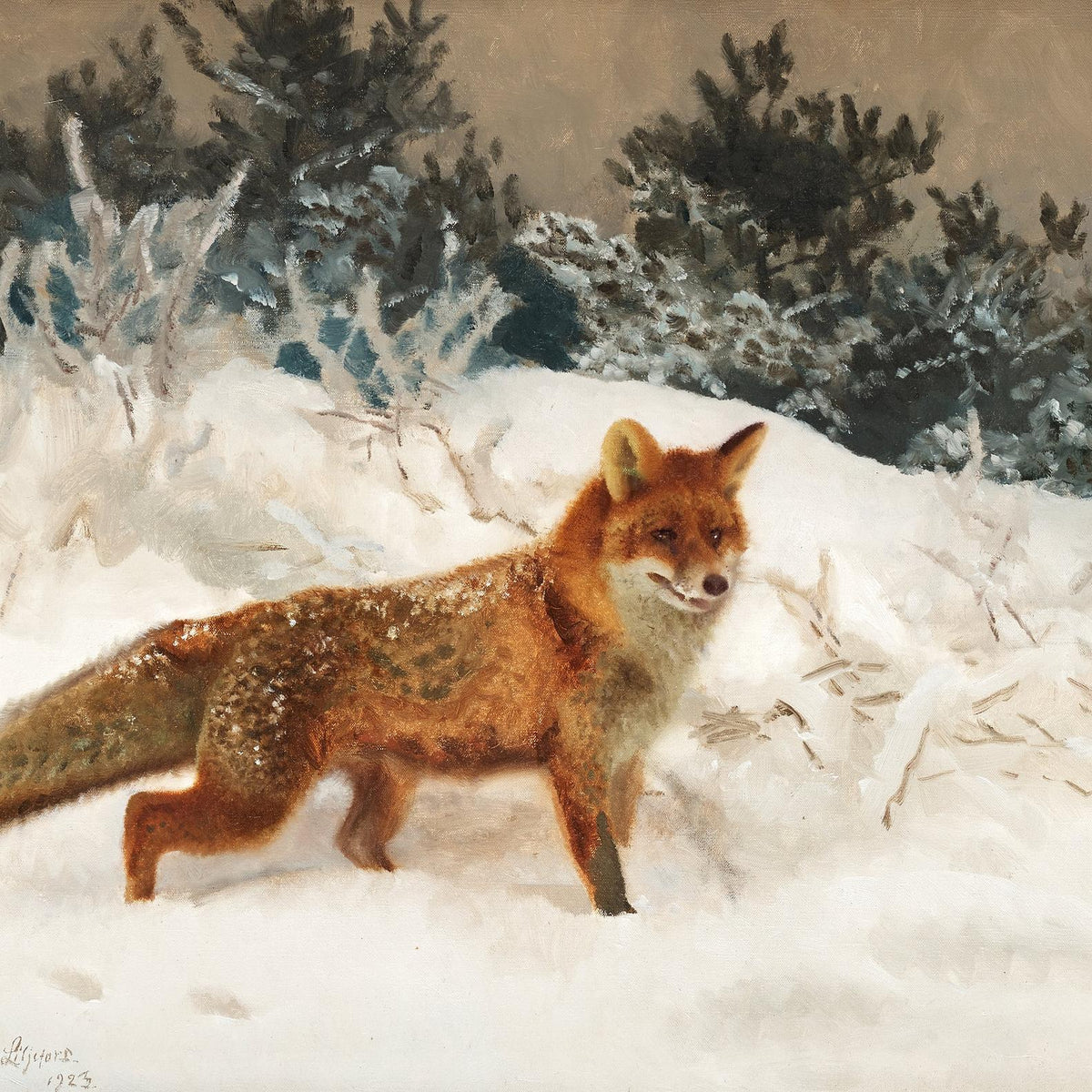 Hand-painted red fox in snowy winter woodland scene landscape oil painting on canvas
