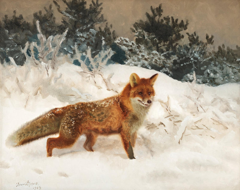 Hand-painted red fox in snowy winter woodland scene landscape oil painting on canvas