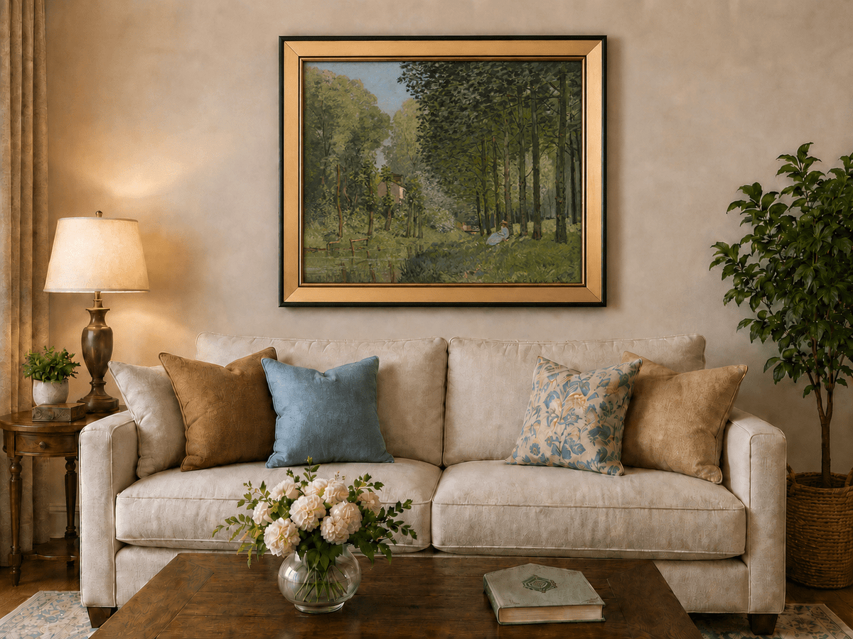 Rest along a forest stream landscape oil painting displayed in a styled home interior.