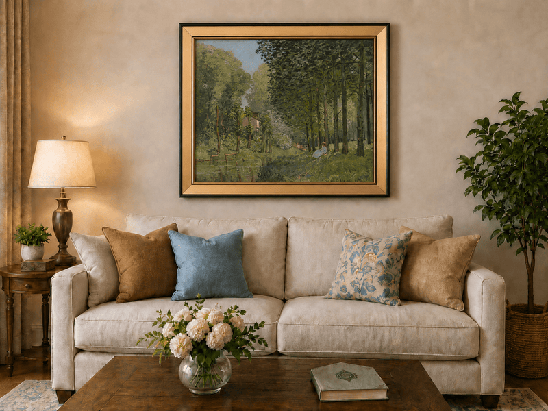 Rest along a forest stream landscape oil painting displayed in a styled home interior.