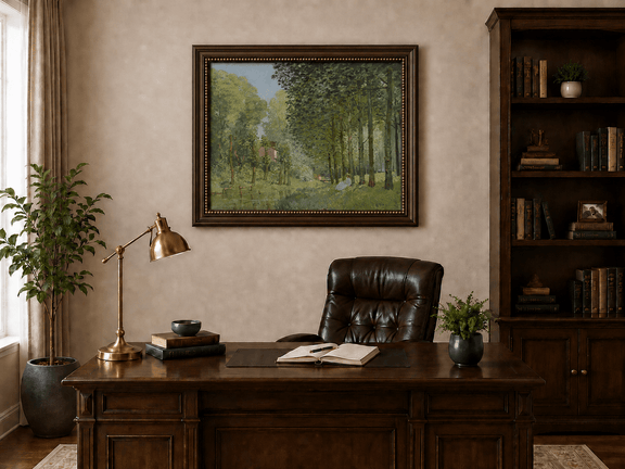 Resting scene beside a forest stream landscape oil painting presented in an interior wall art mockup.