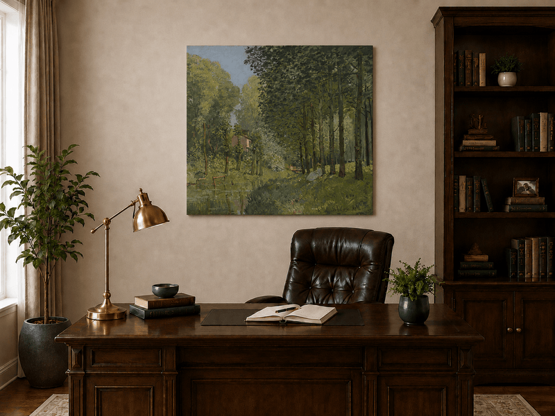 Interior wall art view featuring a restful forest stream oil painting.
