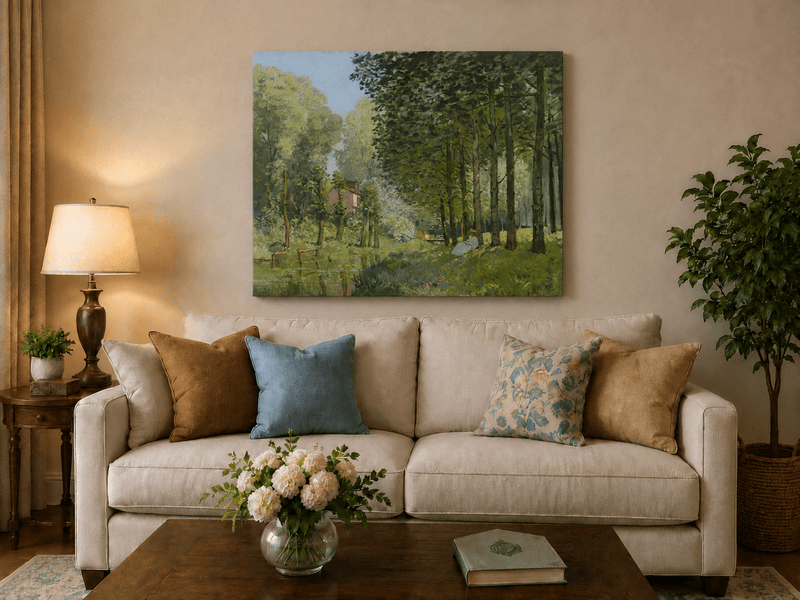 Forest stream hand-painted oil artwork displayed in a second interior view.