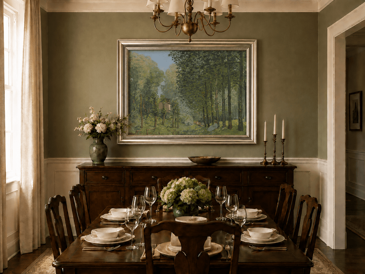 Forest stream oil landscape artwork shown in a styled home interior.