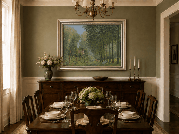 Forest stream oil landscape artwork shown in a styled home interior.