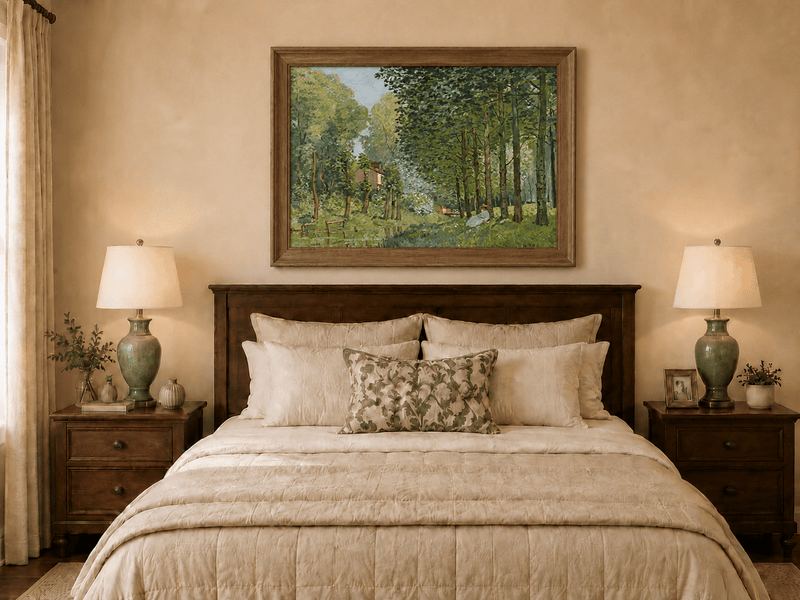 Hand-painted forest stream resting scene displayed as decorative wall art.