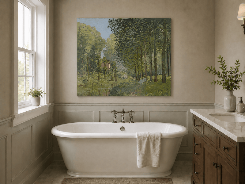 Rest along the forest stream landscape oil painting presented as styled home decor.