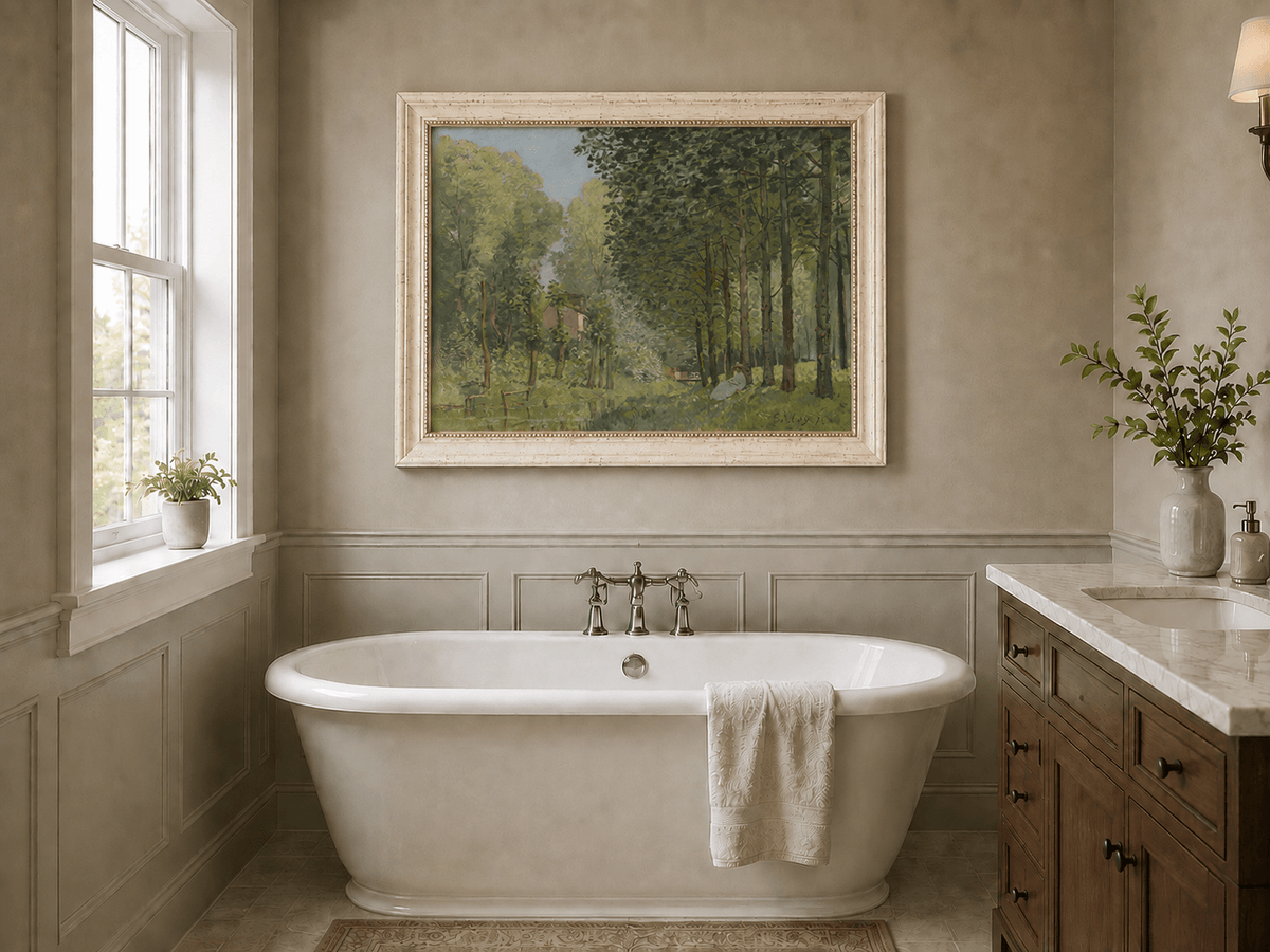 Serene forest landscape oil painting presented as interior home decor.
