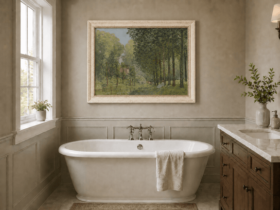 Serene forest landscape oil painting presented as interior home decor.