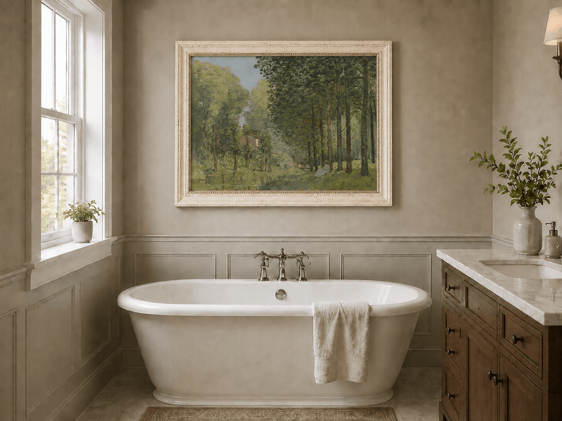Serene forest landscape oil painting presented as interior home decor.