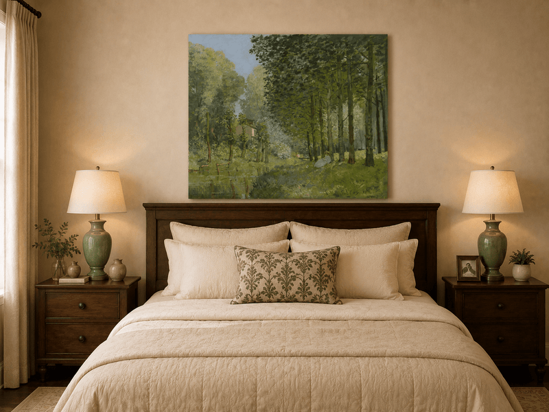 Forest stream oil painting displayed as landscape wall decor.