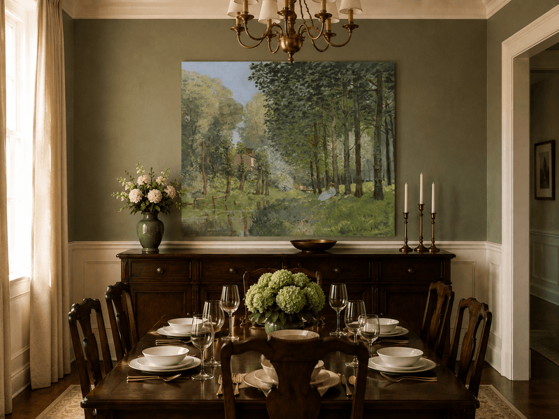 Hand-painted forest stream landscape artwork in an interior display.