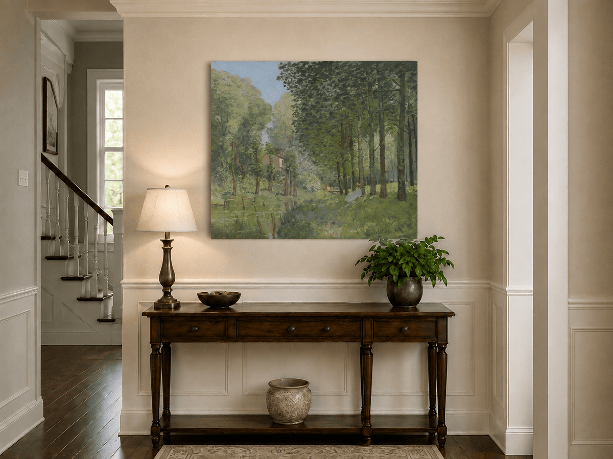 Woodland stream landscape painting shown as decorative oil wall art.