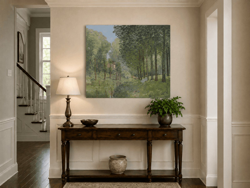 Woodland stream landscape painting shown as decorative oil wall art.