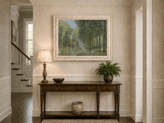 Serene forest stream hand-painted oil artwork shown as home wall decor.