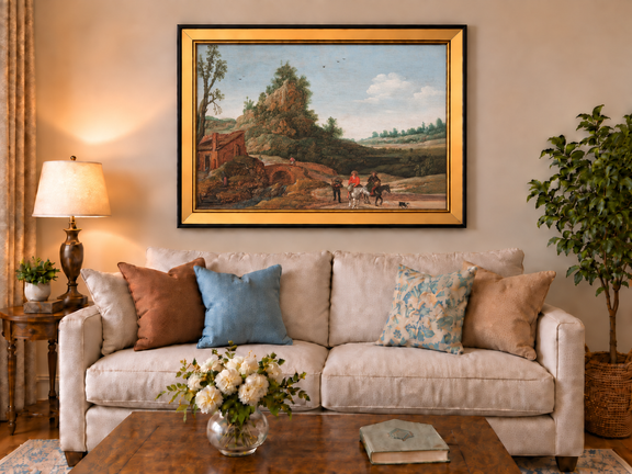 Hand-painted Riders by Rustic Bridge and Cottage landscape oil painting displayed as wall art in a styled interior