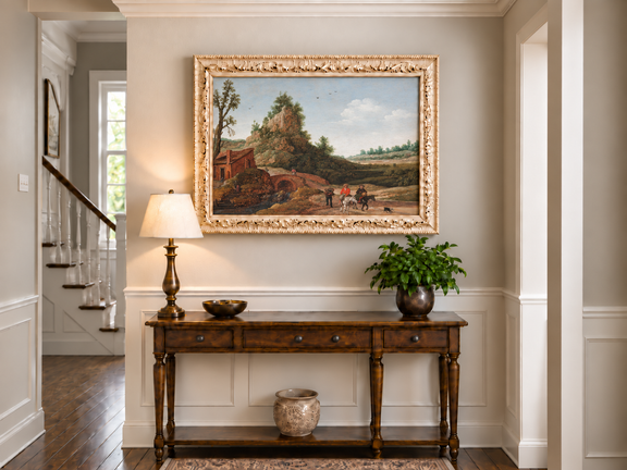 Hand-painted Riders by Rustic Bridge and Cottage landscape oil painting displayed as wall art in a styled interior