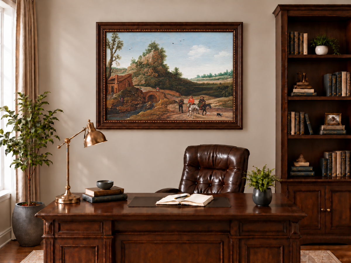 Hand-painted Riders by Rustic Bridge and Cottage landscape oil painting displayed as wall art in a styled interior