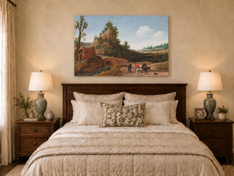 Hand-painted Riders by Rustic Bridge and Cottage landscape oil painting displayed as wall art in a styled interior
