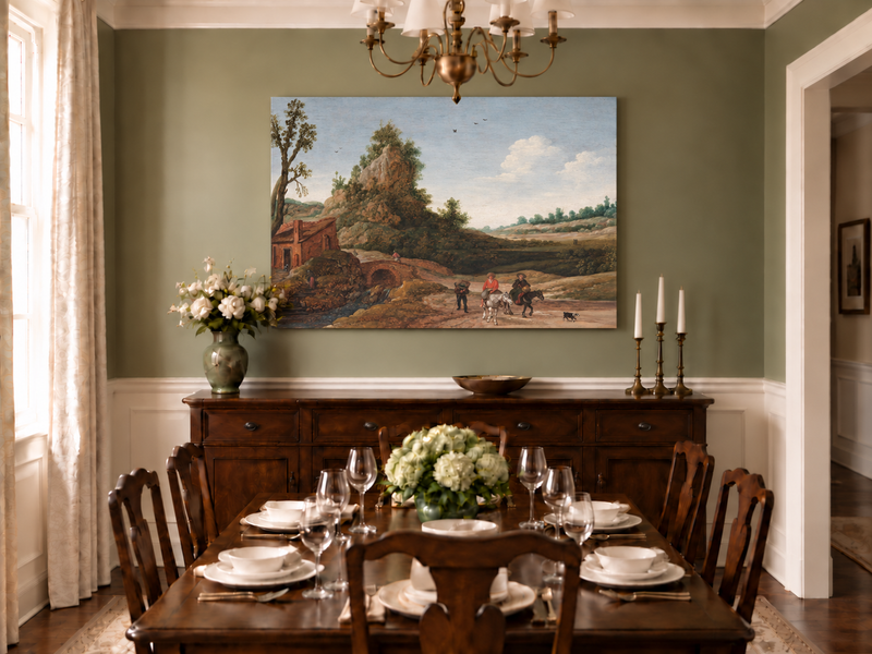 Hand-painted Riders by Rustic Bridge and Cottage landscape oil painting displayed as wall art in a styled interior