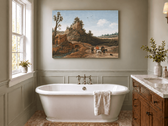 Hand-painted Riders by Rustic Bridge and Cottage landscape oil painting displayed as wall art in a styled interior