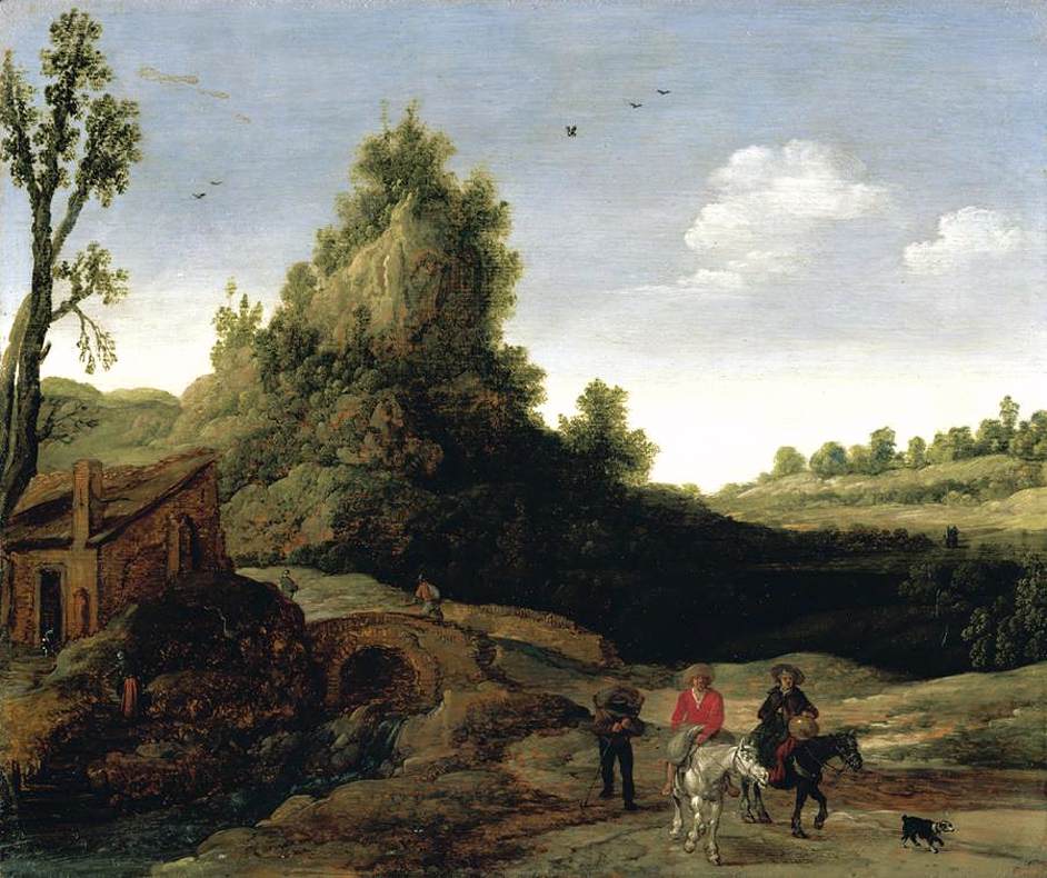 Landscape Oil Painting - Riders by Rustic Bridge and Cottage - Oil Painting Haven
