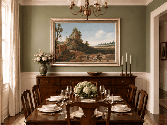 Hand-painted Riders by Rustic Bridge and Cottage landscape oil painting displayed as wall art in a styled interior