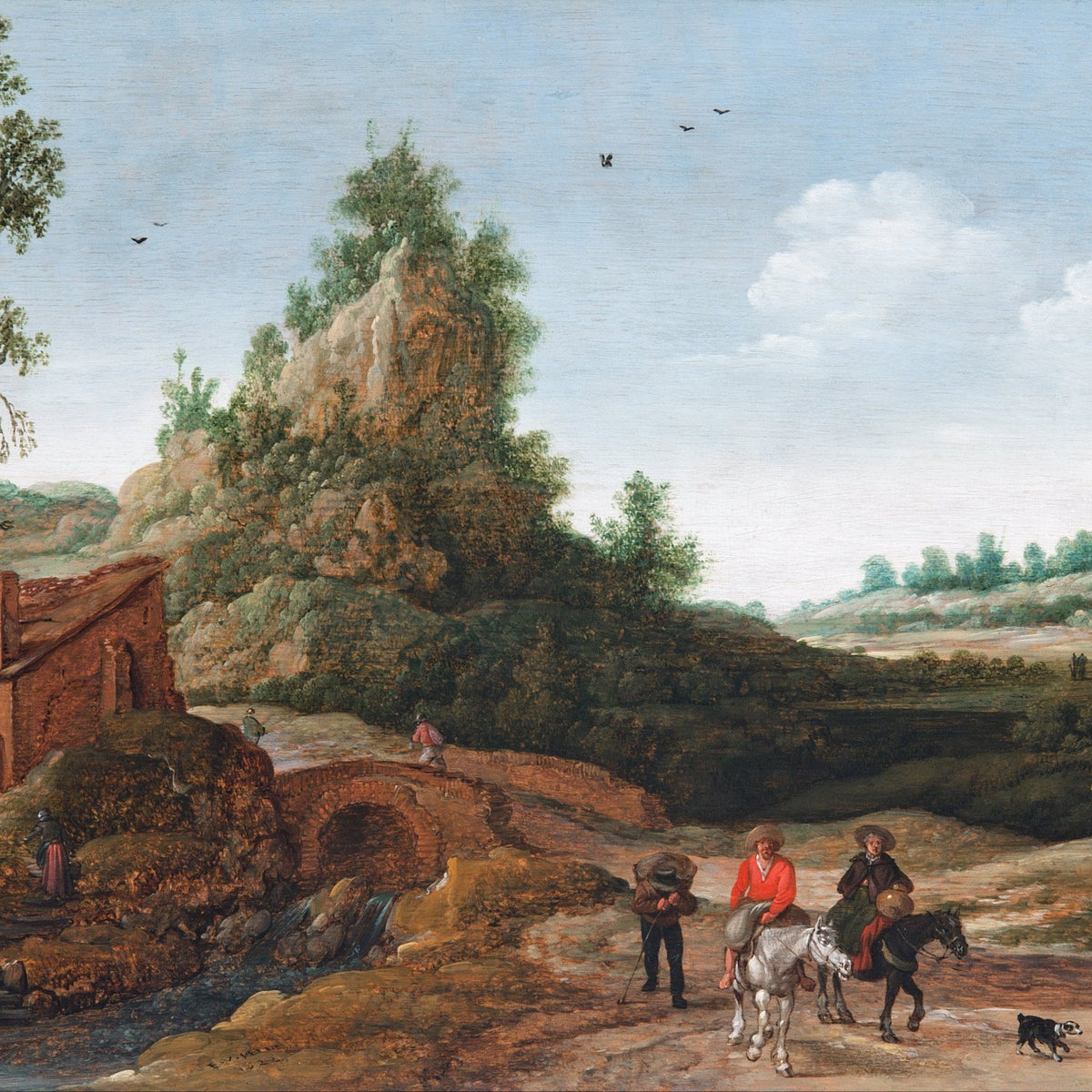 Hand-painted riders by rustic bridge and cottage landscape oil painting on canvas