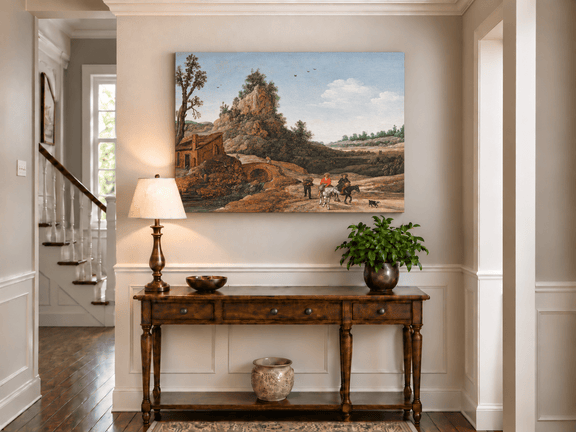 Hand-painted Riders by Rustic Bridge and Cottage landscape oil painting displayed as wall art in a styled interior
