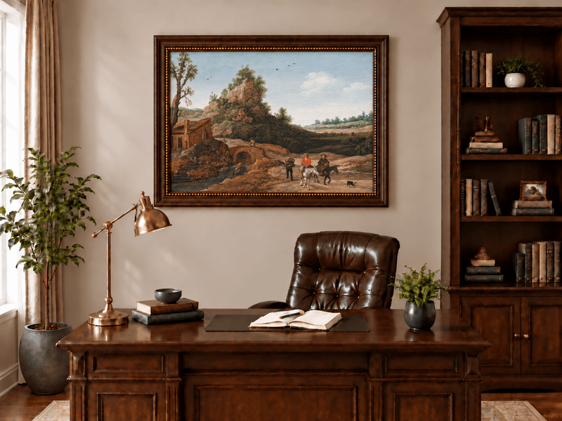 Hand-painted Riders by Rustic Bridge and Cottage landscape oil painting displayed as wall art in a styled interior