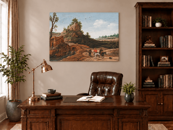 Hand-painted Riders by Rustic Bridge and Cottage landscape oil painting displayed as wall art in a styled interior