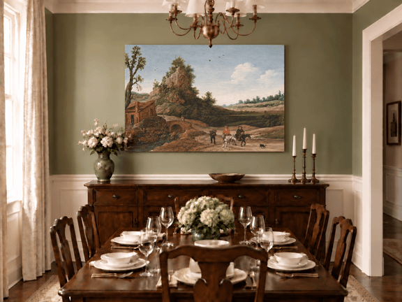 Hand-painted Riders by Rustic Bridge and Cottage landscape oil painting displayed as wall art in a styled interior