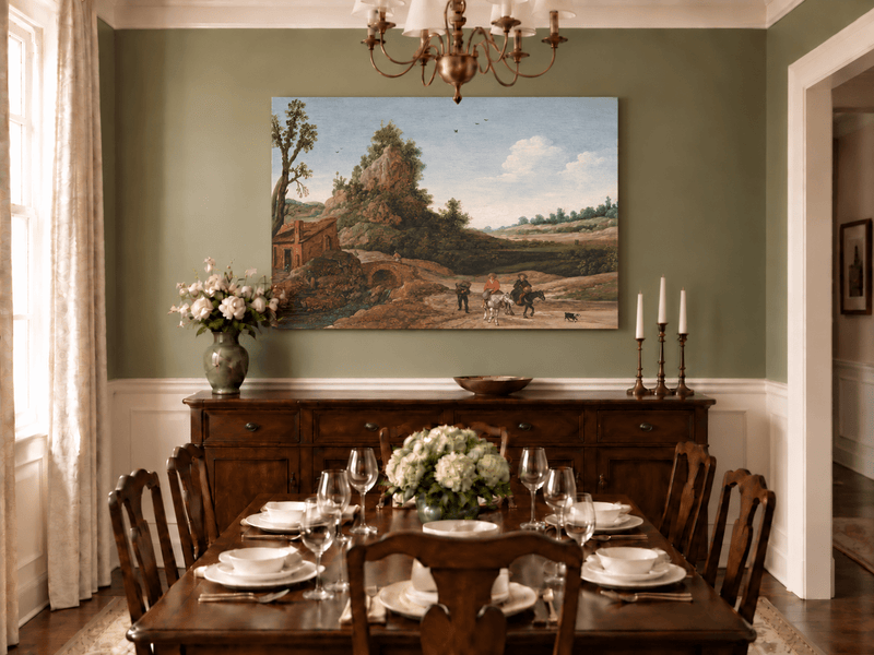 Hand-painted Riders by Rustic Bridge and Cottage landscape oil painting displayed as wall art in a styled interior