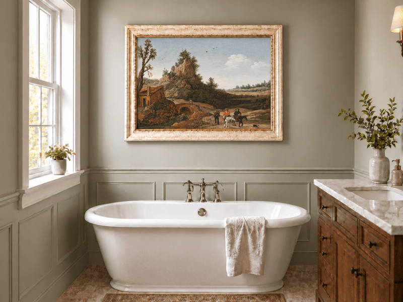 Hand-painted Riders by Rustic Bridge and Cottage landscape oil painting displayed as wall art in a styled interior