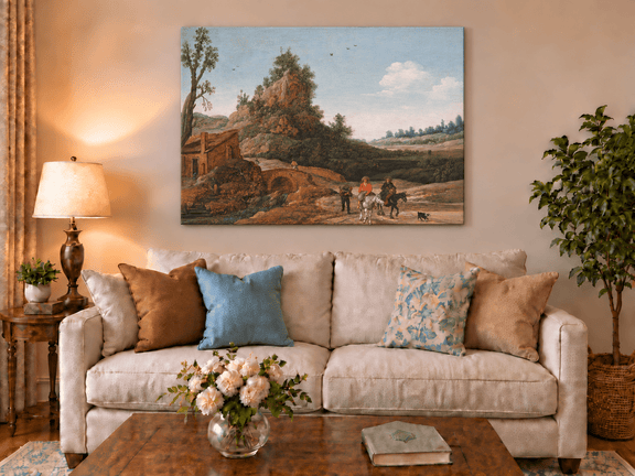 Hand-painted Riders by Rustic Bridge and Cottage landscape oil painting displayed as wall art in a styled interior