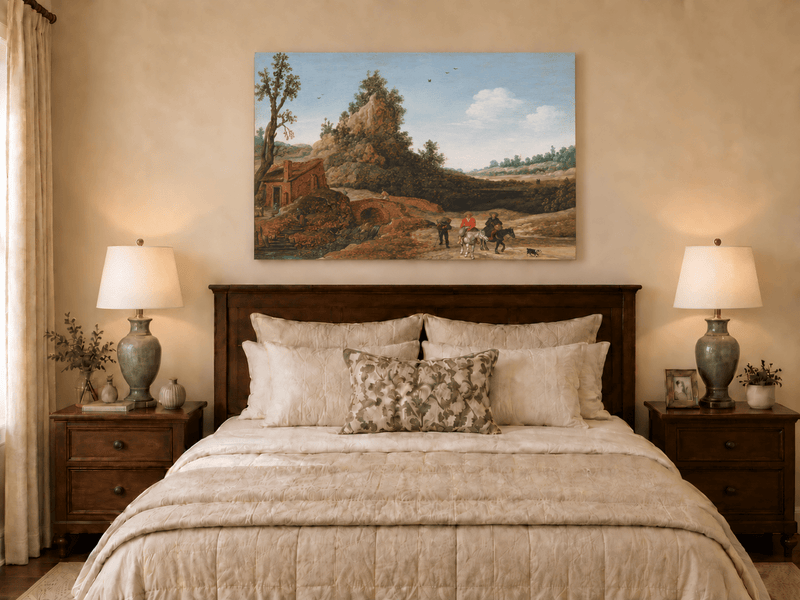 Hand-painted Riders by Rustic Bridge and Cottage landscape oil painting displayed as wall art in a styled interior