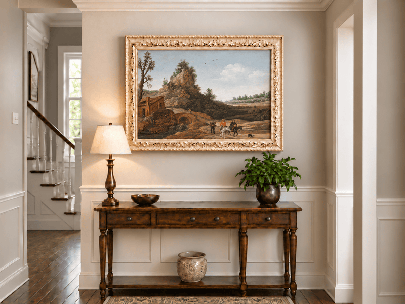 Hand-painted Riders by Rustic Bridge and Cottage landscape oil painting displayed as wall art in a styled interior