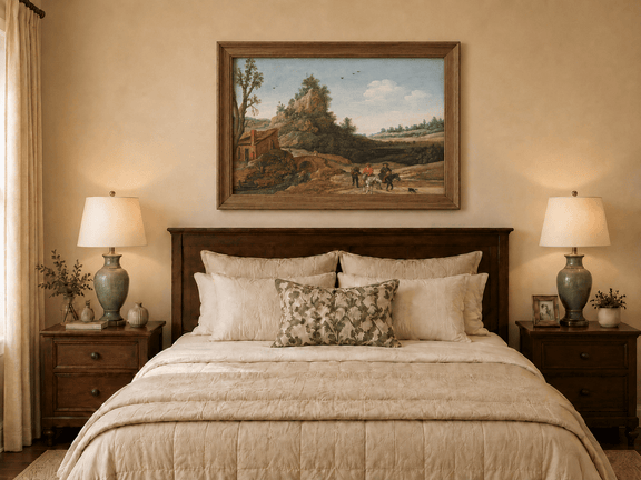 Hand-painted Riders by Rustic Bridge and Cottage landscape oil painting displayed as wall art in a styled interior