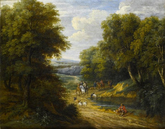 Hand-painted riders crossing a woodland stream landscape oil painting on canvas