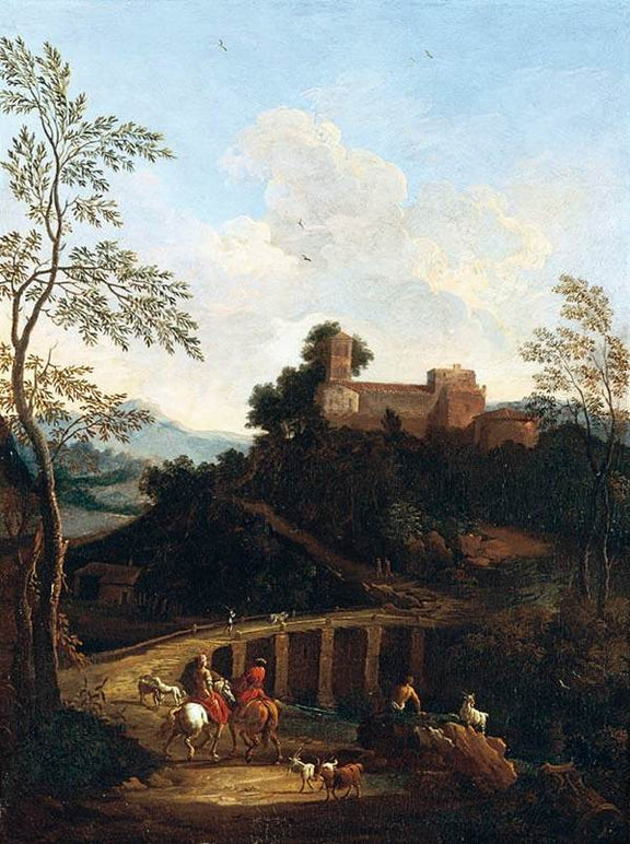 Landscape Oil Painting - Riders Crossing Bridge to Hilltop Castle - Oil Painting Haven