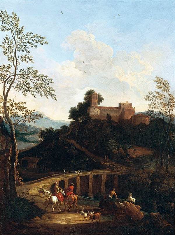 Landscape Oil Painting - Riders Crossing Bridge to Hilltop Castle - Oil Painting Haven