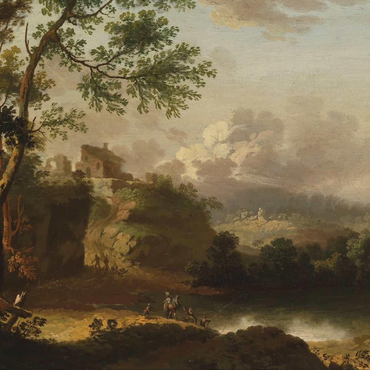 Landscape Oil Painting - River, Anglers, Hilltop Ruined Building - Oil Painting Haven