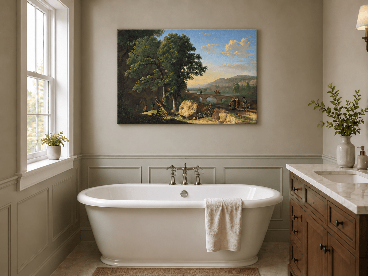 Landscape Oil Painting - River Bridge Scene with Elegant Figures